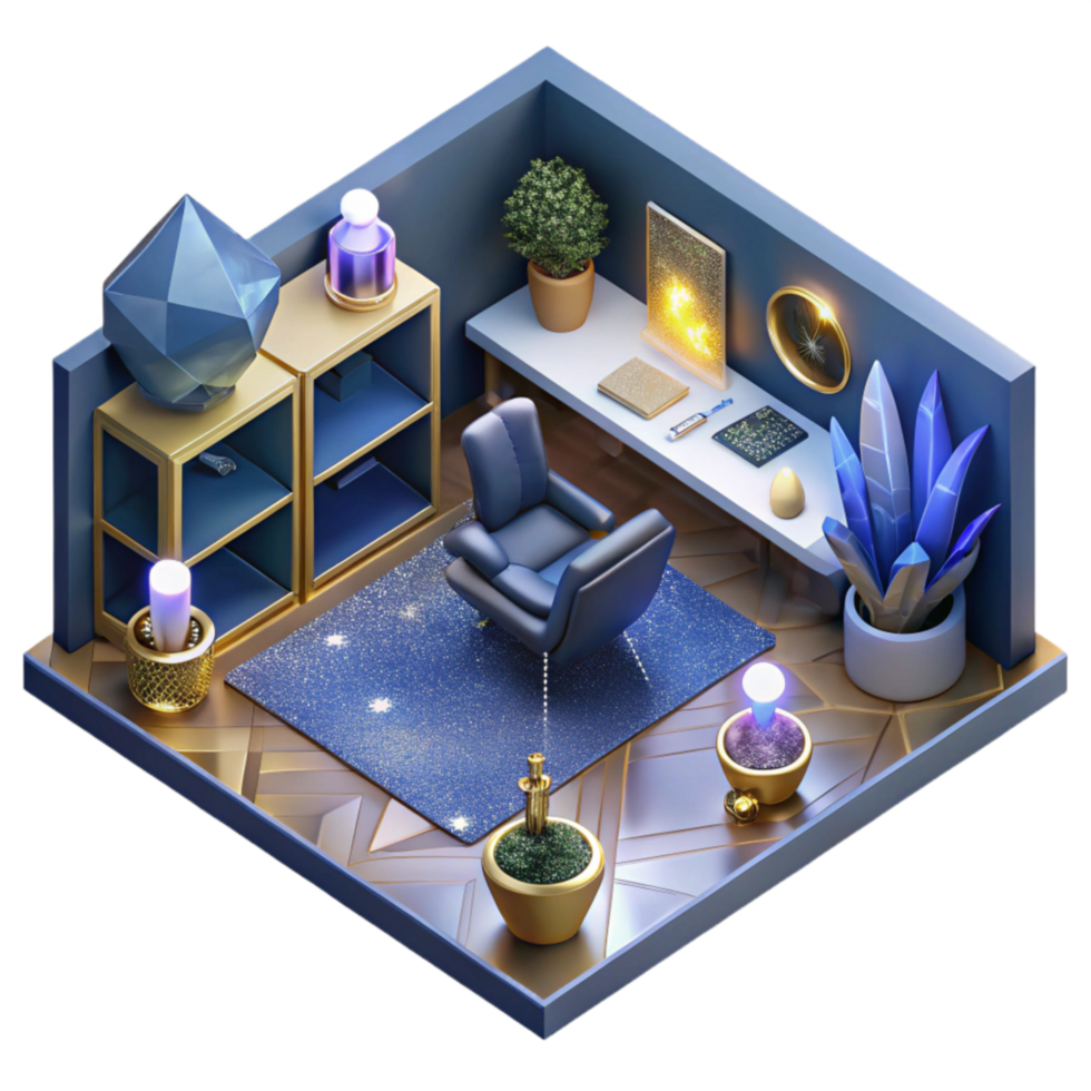 beautiful traditional Isometric Blueprint Office Layout with Furniture Placement Isolated high resolution png