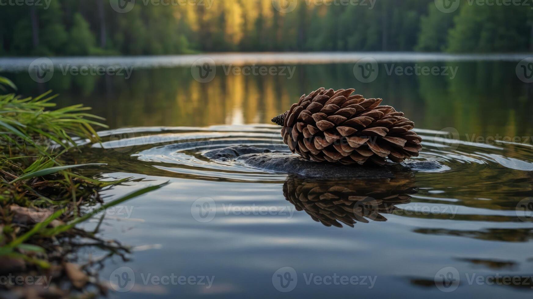 Pine Cone Resting on Rock in Lake Creating Ripples on Surface photo