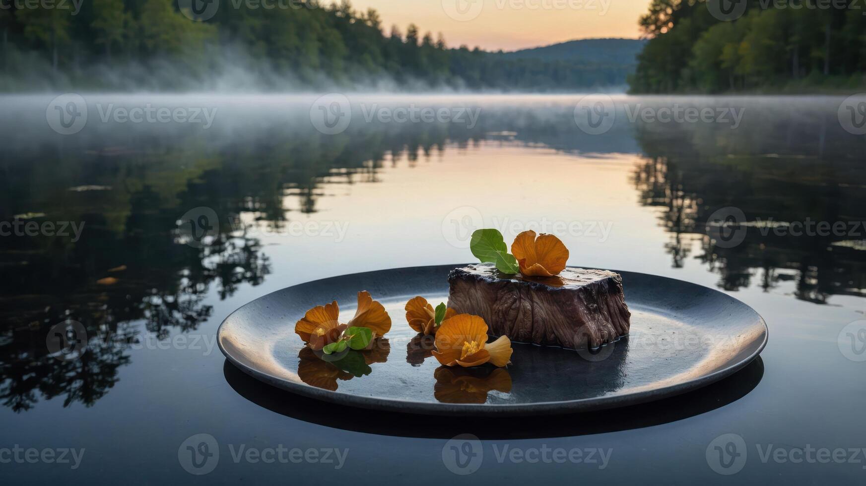 Steak on Plate Floating on Lake with Mist at Sunset photo