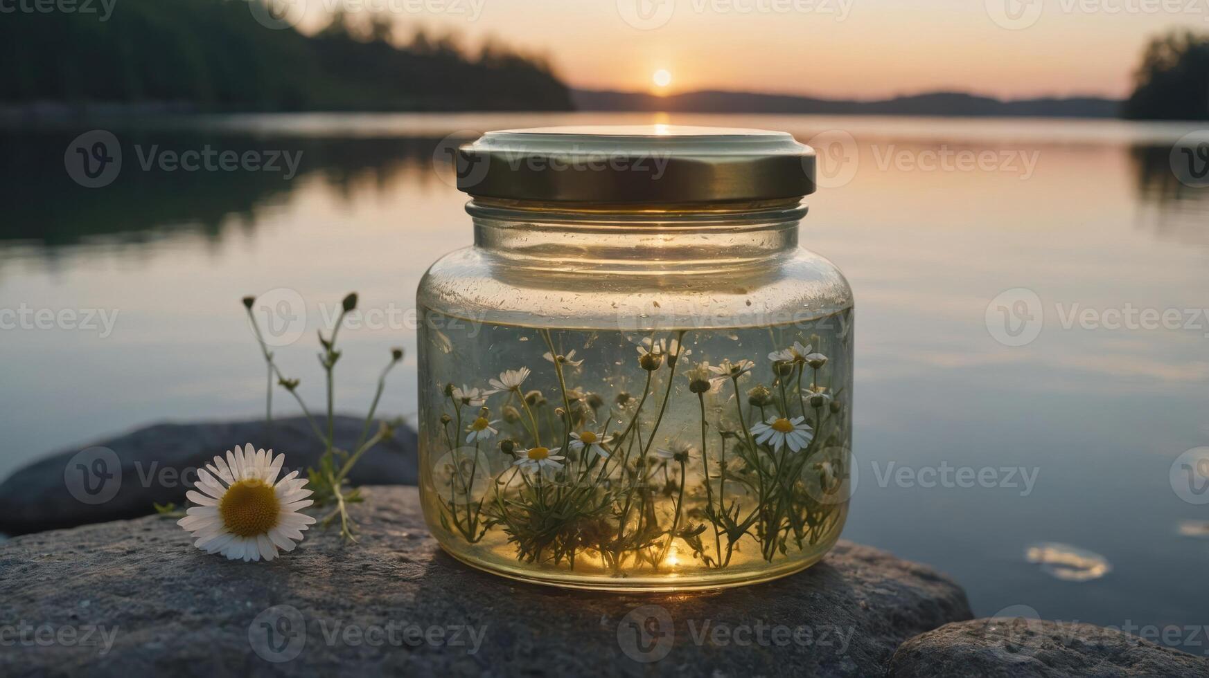 Chamomile Flowers Preserved in Jar on Rocks by a Calm Lake photo
