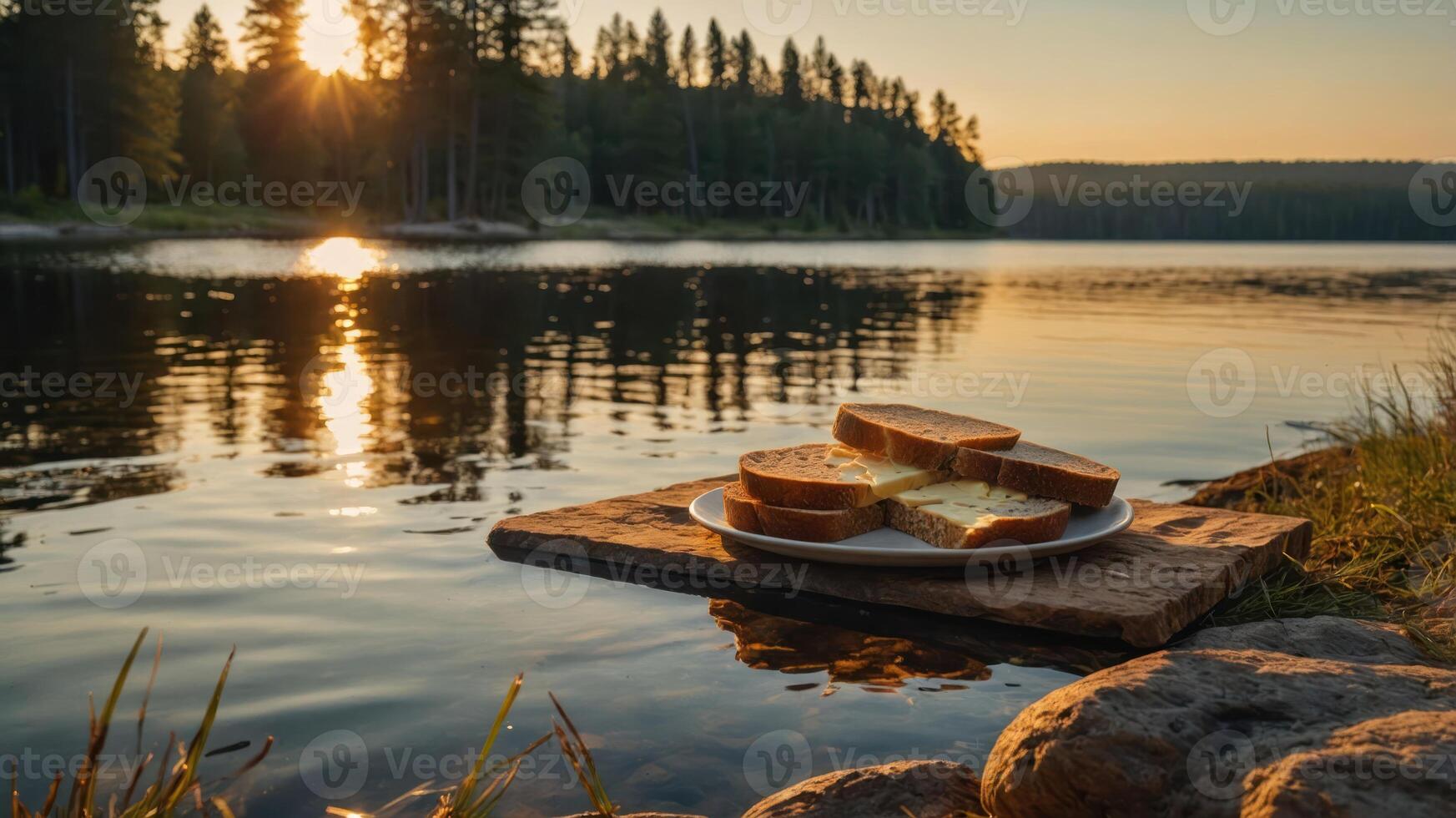 Bread with Butter at Lakeside During Sunset with Forest Background photo