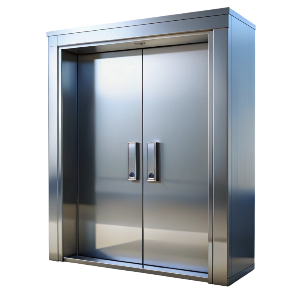 extraordinary playful art deco Elevator doors, stainless steel, closed, NO BACKGROUND with Transparent Background. professional png