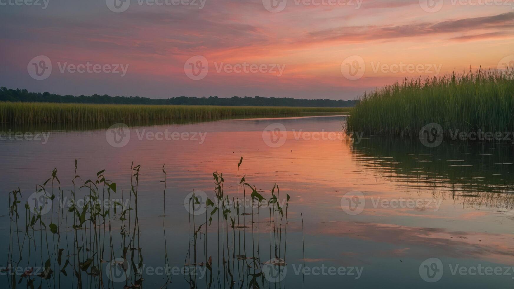 Calm River Scene at Sunset with Colorful Sky and Green Reeds photo