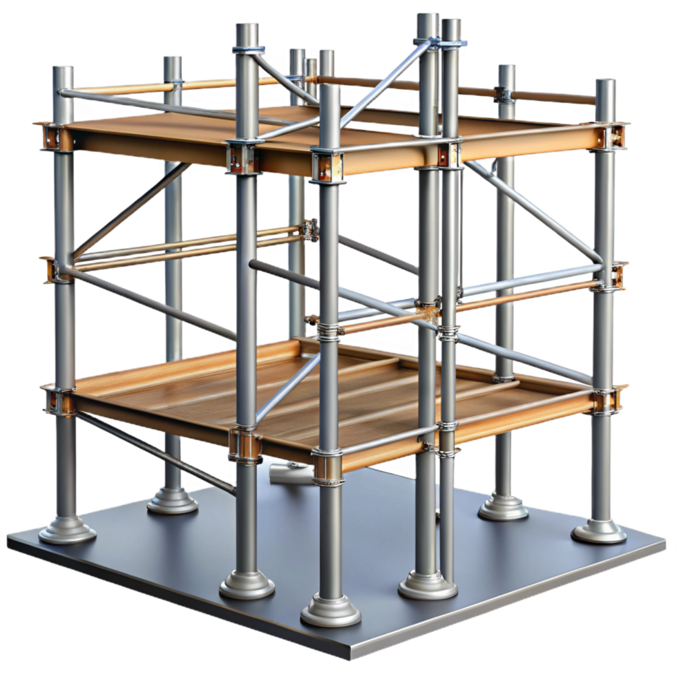 playful dramatic Scaffolding, metal poles and planks, construction, NO BACKGROUND with Transparent Background. museum quality png