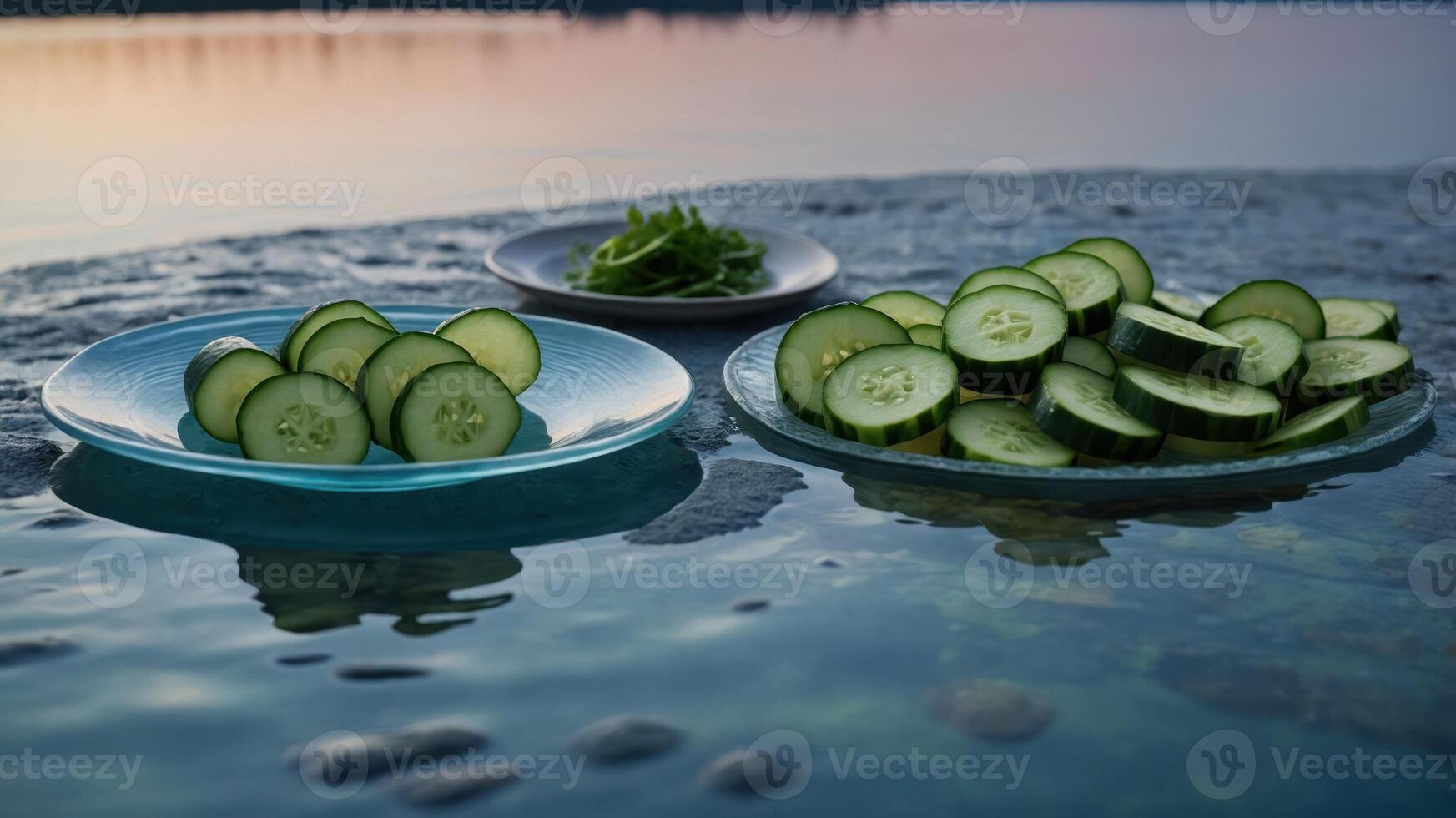 Cucumber Slices on Plates Near Water at Dusk for Refreshments photo