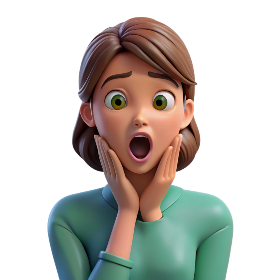 iconic avant-garde Surprised young woman, open mouth, hand on cheek, NO BACKGROUND with Transparent Background. expertly shot png