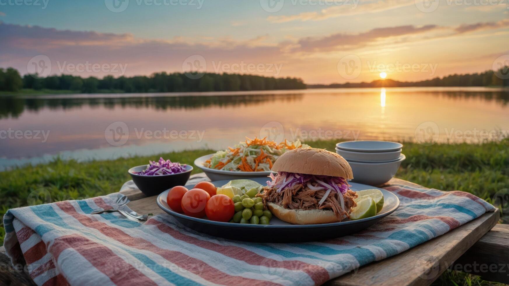Pulled Meat Sandwich on Table by Lake at Sunset Picnic photo