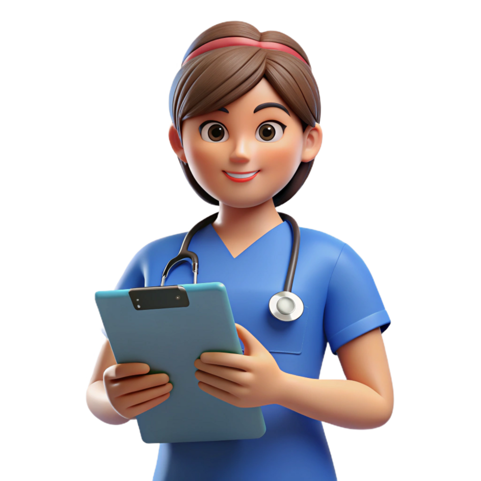 exquisite playful retro Nurse, scrubs, holding medical chart, NO BACKGROUND with Transparent Background. museum quality png