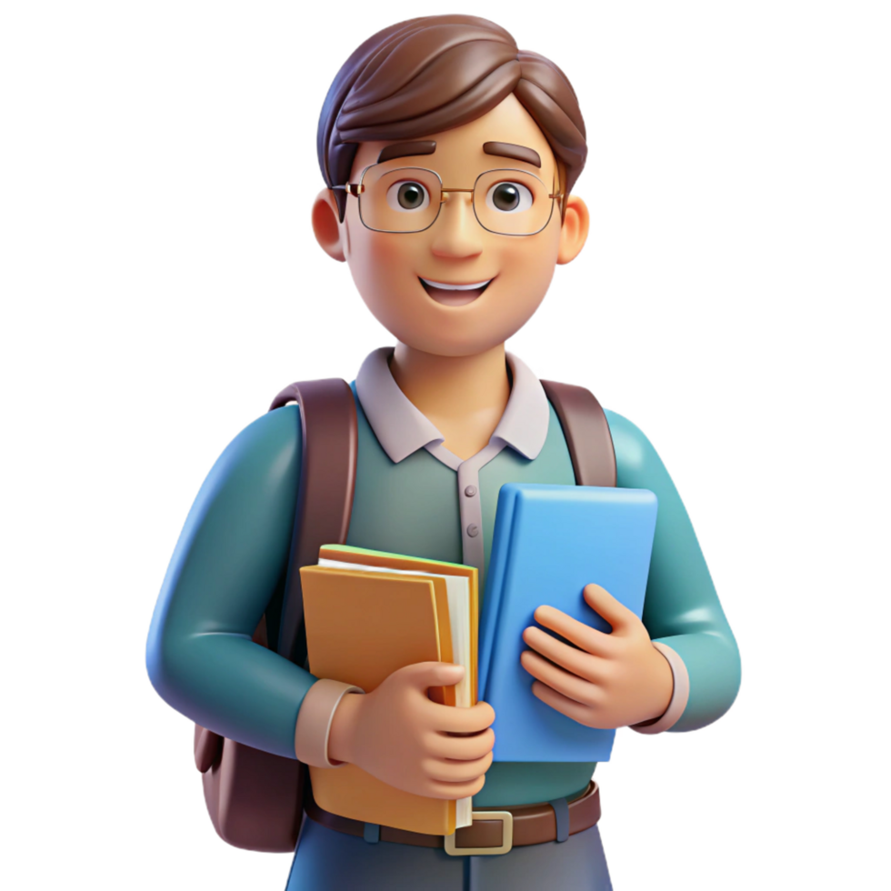 striking unforgettable Student, backpack, holding textbooks, NO BACKGROUND with Transparent Background. png