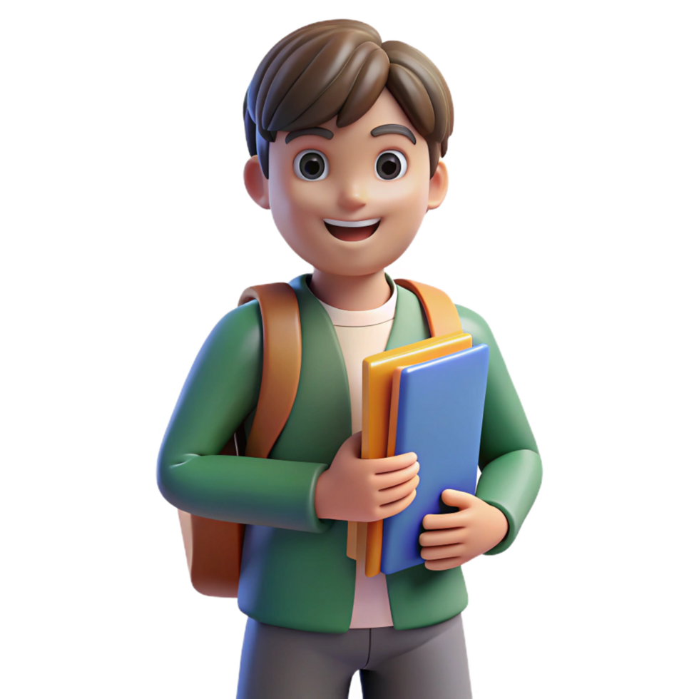 exquisite dynamic artistic Student, backpack, holding textbooks, NO BACKGROUND with Transparent Background. gallery standard png