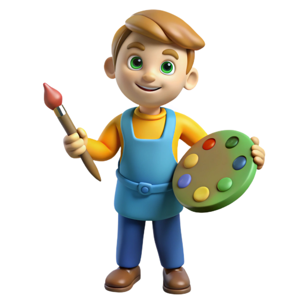 vibrant peaceful mid-century Artist, holding paintbrush and palette, NO BACKGROUND with Transparent Background. museum quality png