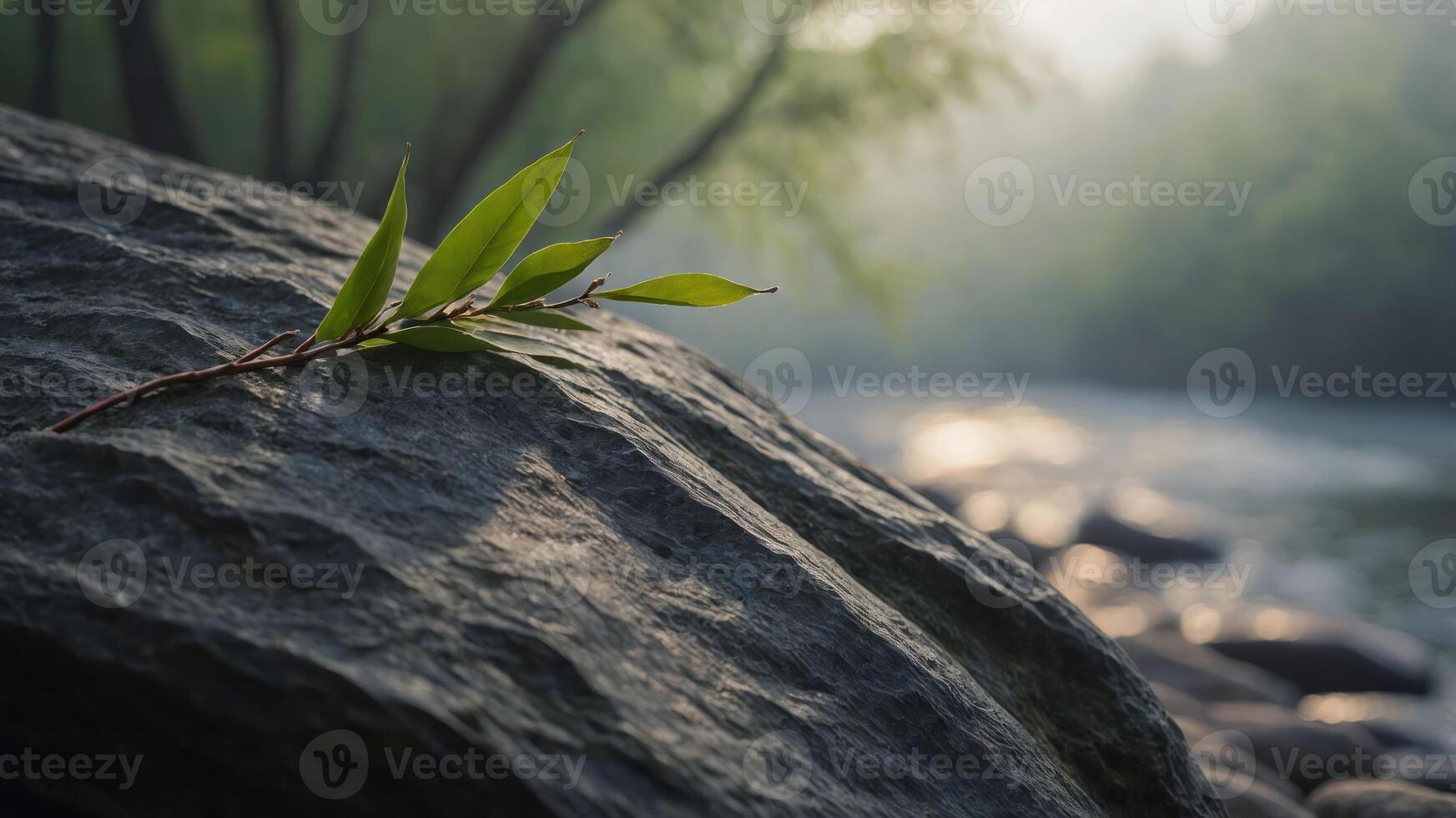 Leaf on Rock at Riverbank with Tranquil, Foggy Natural Setting photo