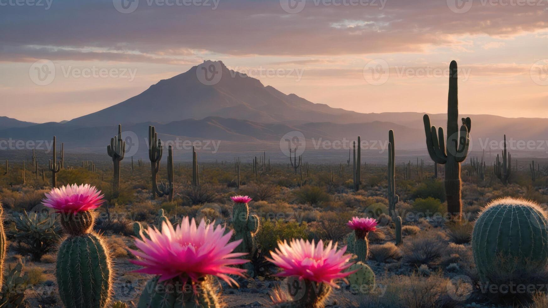 Cactus Bloom Landscape with Mountain and Desert Scenery at Sunrise photo