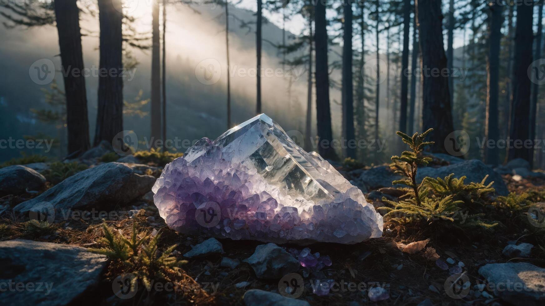 Crystal on Forest Floor with Sunlight Streaming Through Trees at Dusk photo