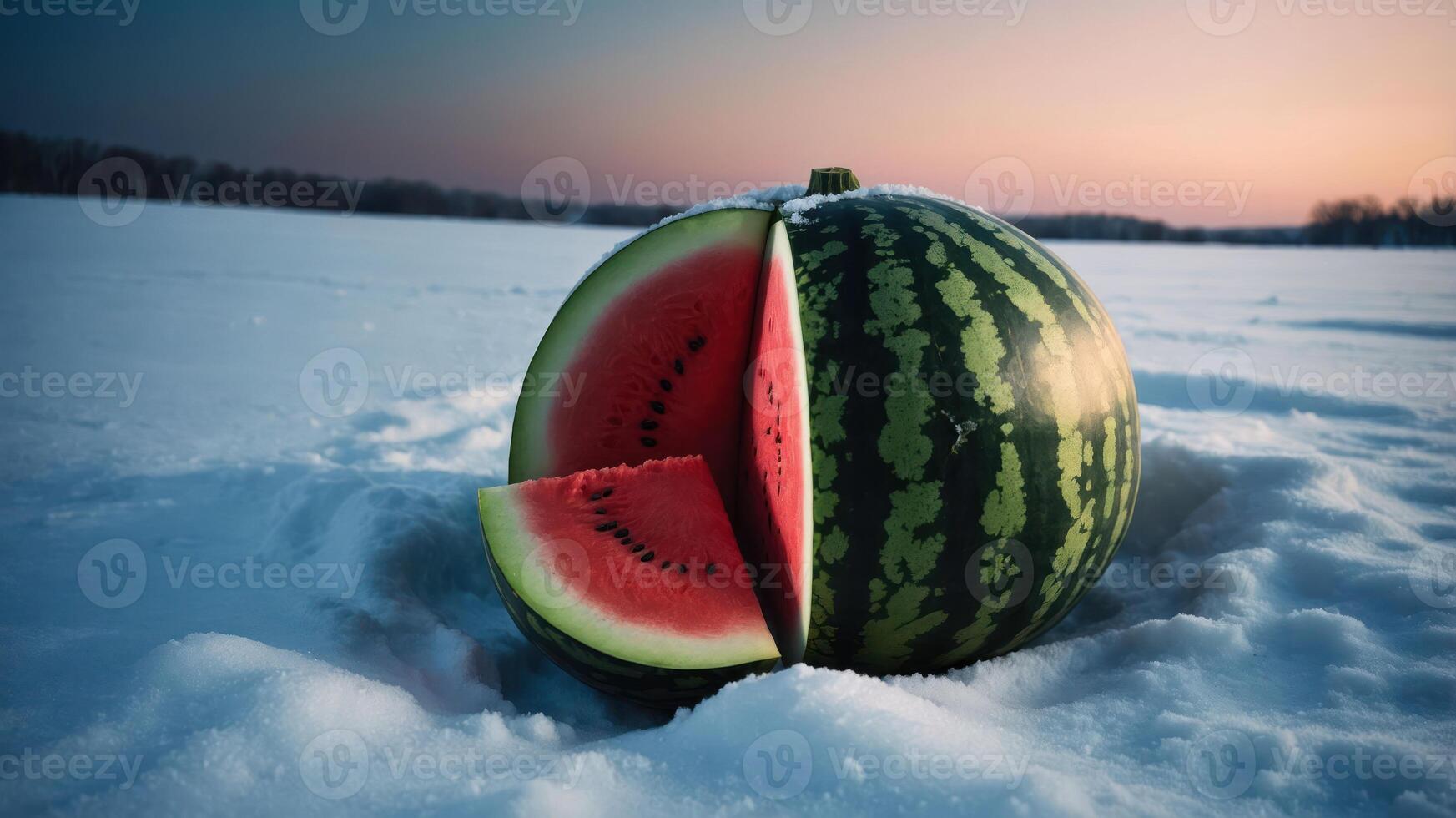 Watermelon in Snowy Landscape at Dusk Unusual Juxtaposition photo