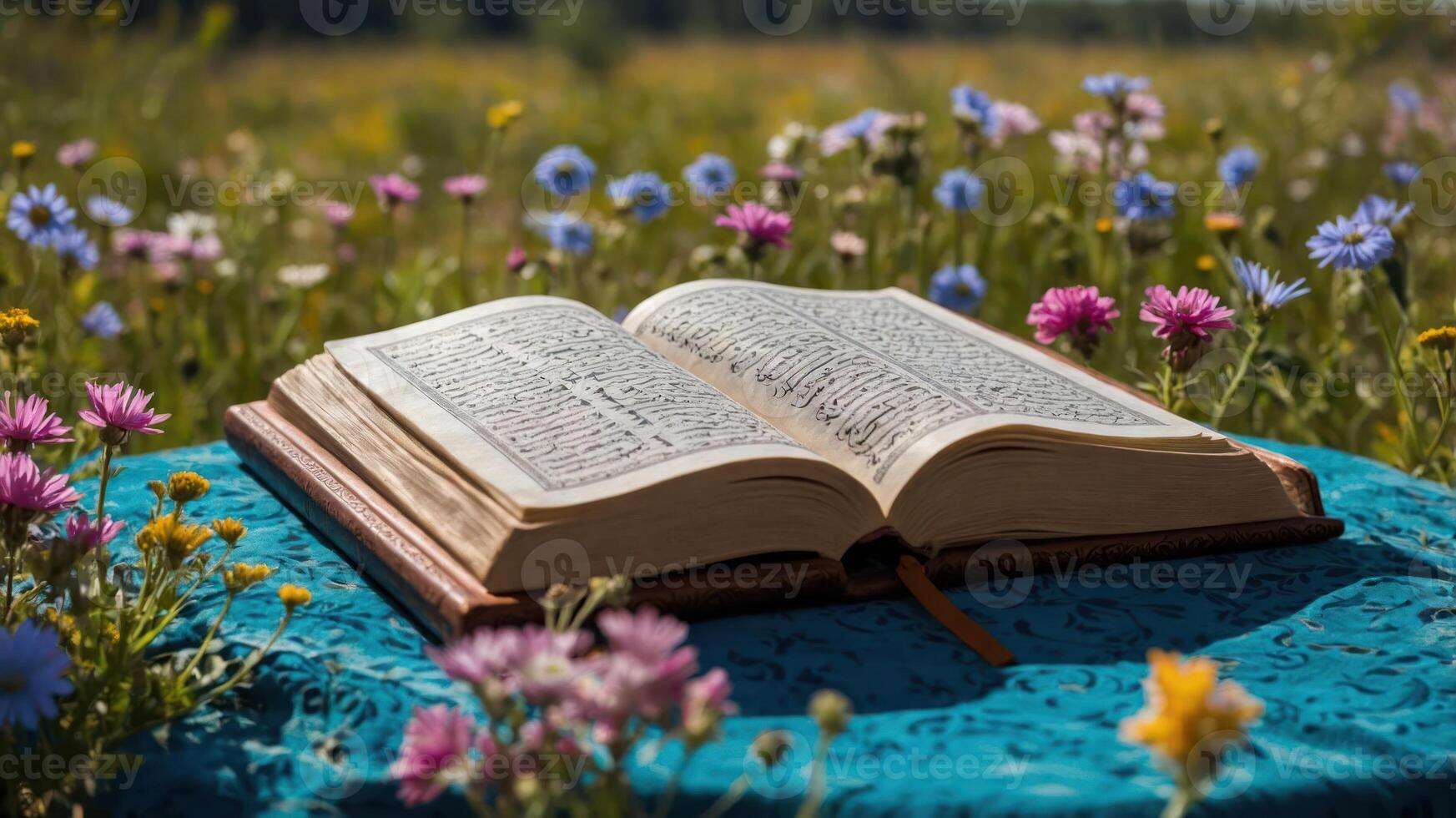 Open Book Lying on a Blue Surface in a Flower Field photo