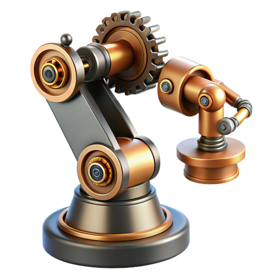 exemplary rustic Steampunk robotic arm with exposed gears and pistons. NO BACKGROUND with Transparent Background. fine detail png