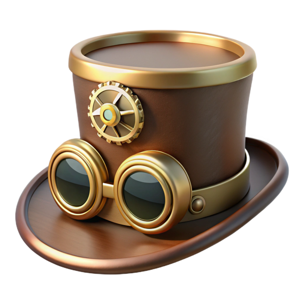 spectacular rustic Steampunk top hat with brass goggles and cogwheel embellishments. NO BACKGROUND with Transparent Background. elite png