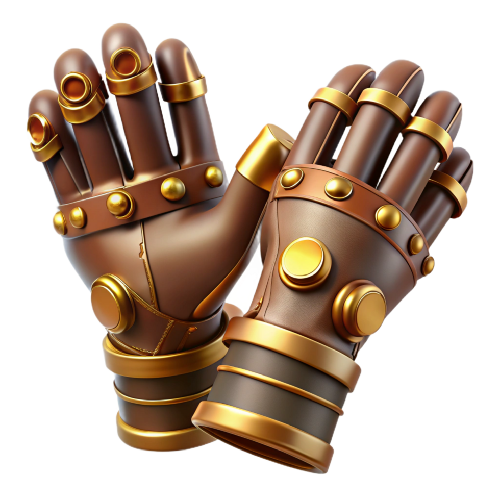 wonderful playful minimalist Steampunk gloves with articulated finger joints and brass plating. NO BACKGROUND with Transparent Background. museum quality png