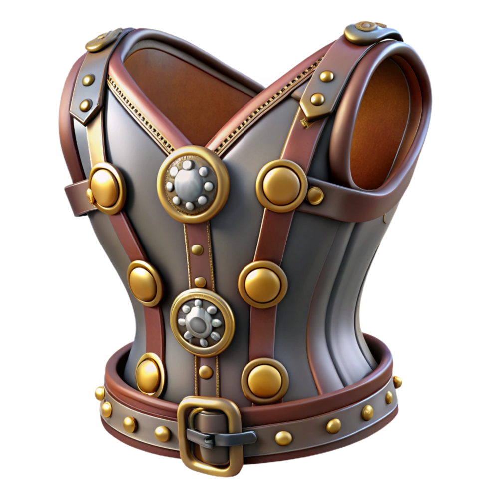 tranquil picturesque Steampunk corset with metallic buckles and leather accents. NO BACKGROUND with Transparent Background. genuine png