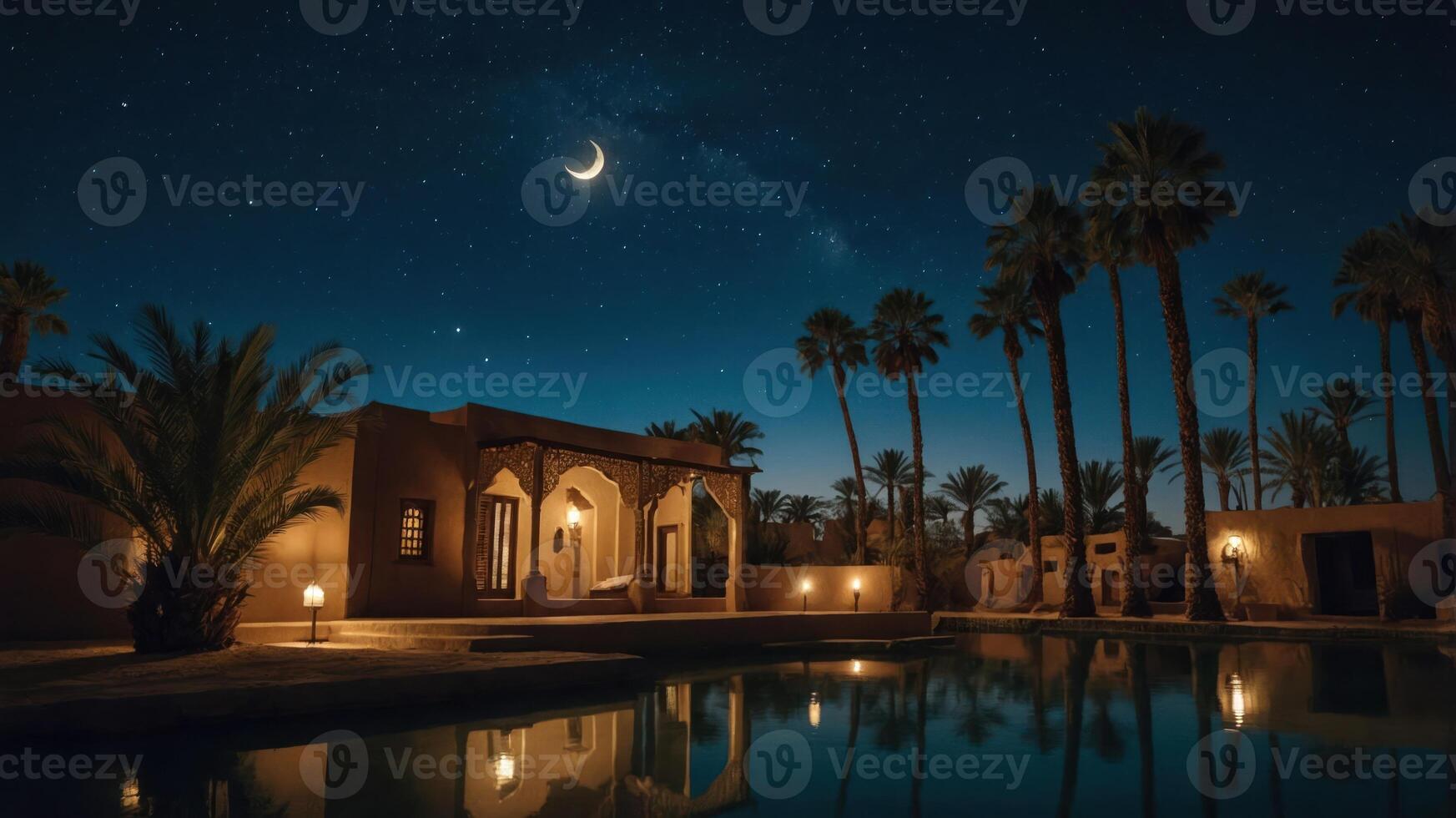 Night Sky Over Desert Building with Palm Trees Reflecting in Pool photo