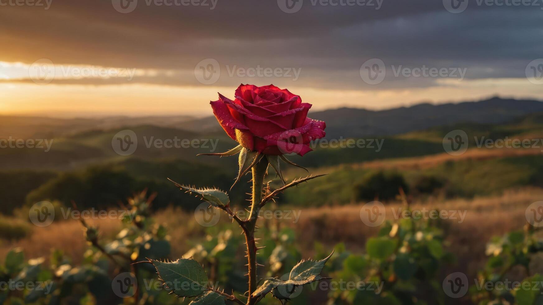 Red Rose in Field with Sunset and Rolling Hills Backdrop photo