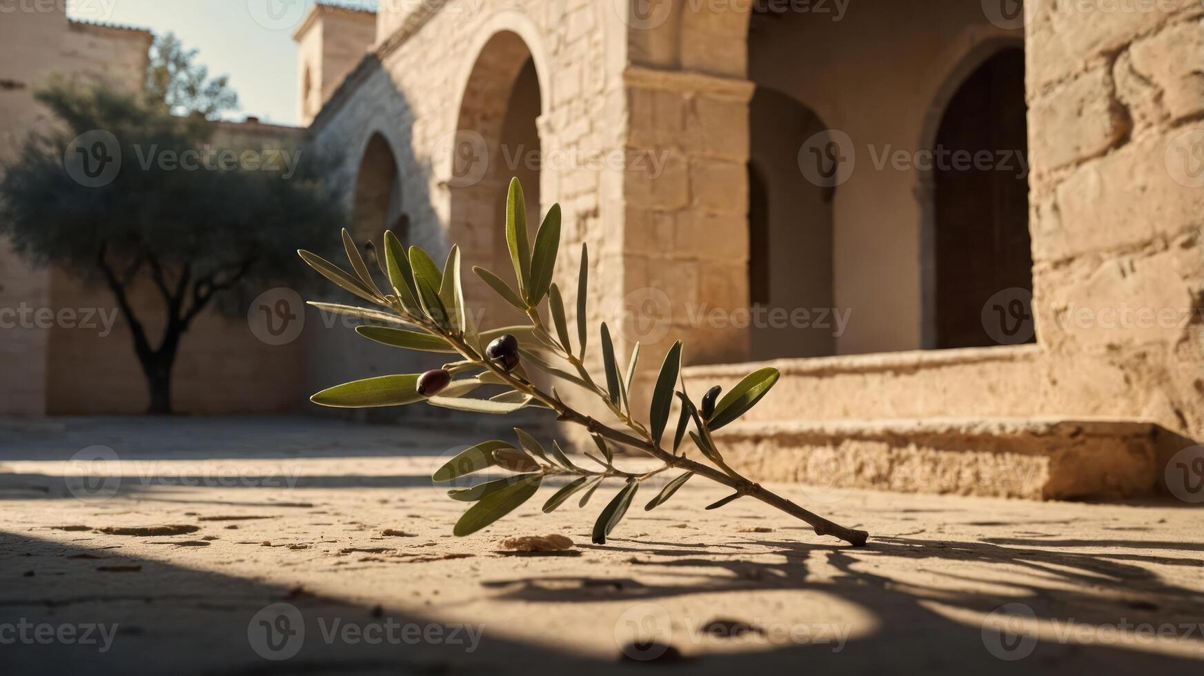 Olive Branch on Stone Ground with Mediterranean Architecture in Background photo