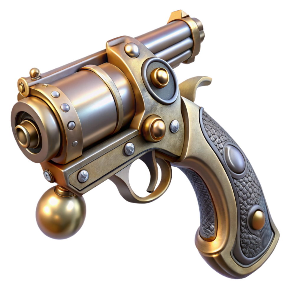 spectacular dynamic coastal Steampunk pistol with engraved metalwork and pearl grips. NO BACKGROUND with Transparent Background. crisp png