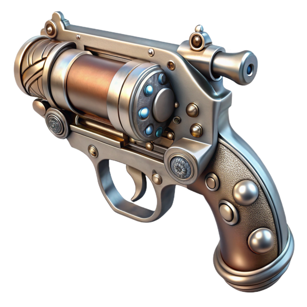 playful spectacular Steampunk pistol with engraved metalwork and pearl grips. NO BACKGROUND with Transparent Background. perfect clarity png