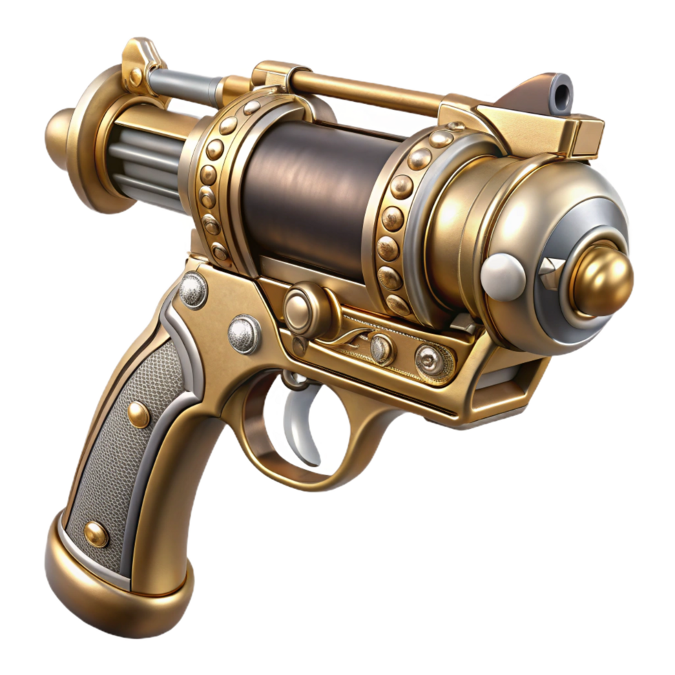romantic alluring Steampunk pistol with engraved metalwork and pearl grips. NO BACKGROUND with Transparent Background. gallery standard png