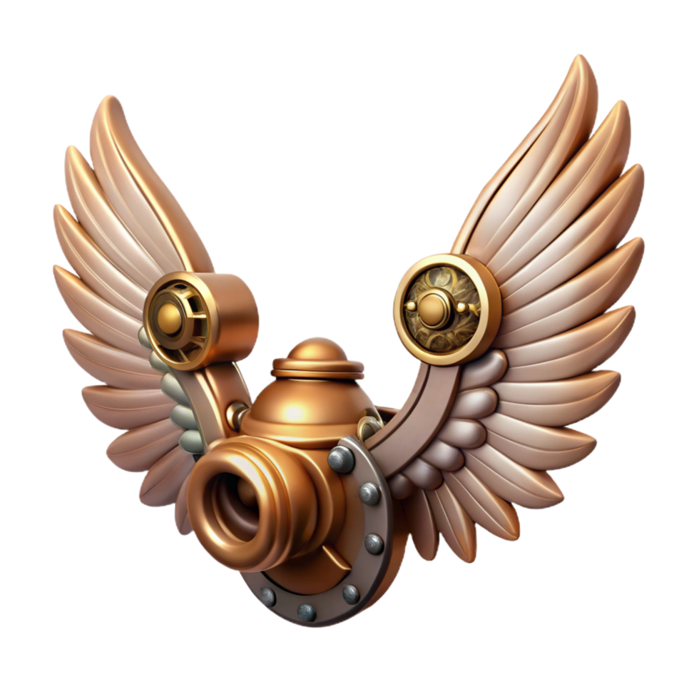 immaculate romantic impressionist Steampunk wings with articulated feather mechanisms. NO BACKGROUND with Transparent Background. professional png