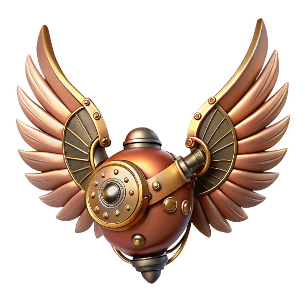 vibrant whimsical nordic Steampunk wings with articulated feather mechanisms. NO BACKGROUND with Transparent Background. studio quality png