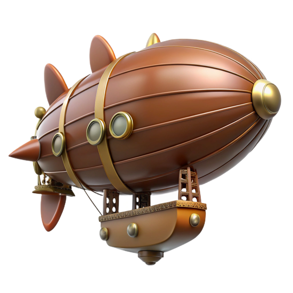 unparalleled organic Steampunk zeppelin miniature with detailed gondola and propellers. NO BACKGROUND with Transparent Background. fine detail png