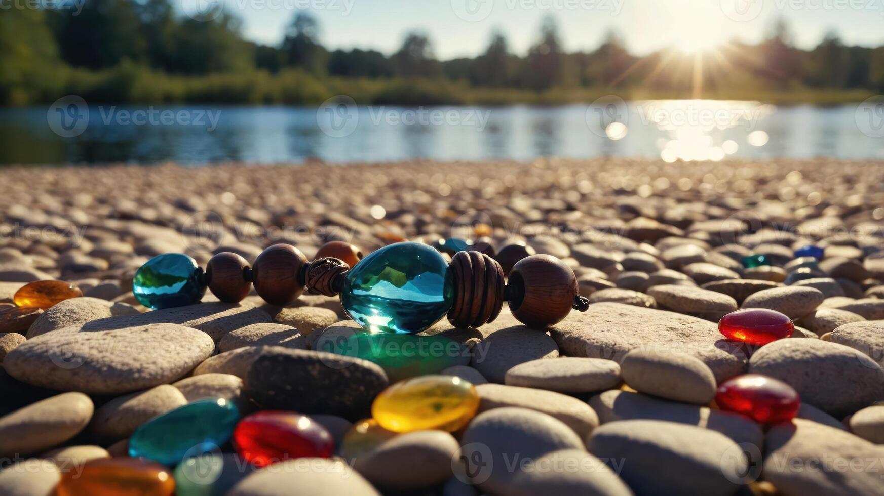 Beaded Bracelet on Pebble Beach with Water and Sunlight Reflection photo