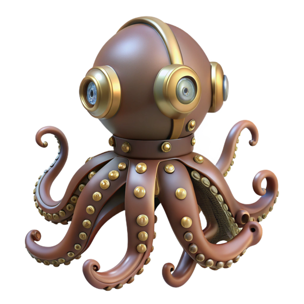 energetic impressive Steampunk octopus figurine with intricate tentacles and suction cups. NO BACKGROUND with Transparent Background. flawless png
