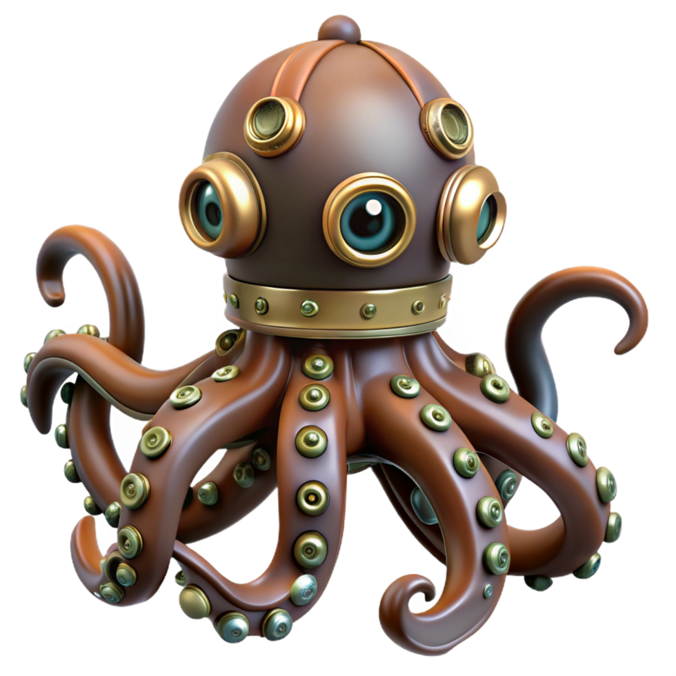 romantic alluring Steampunk octopus figurine with intricate tentacles and suction cups. NO BACKGROUND with Transparent Background. luxury png