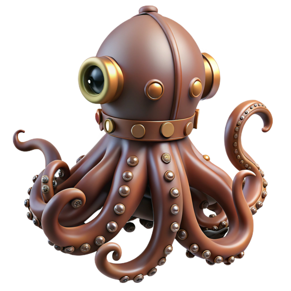 wonderful timeless Steampunk octopus figurine with intricate tentacles and suction cups. NO BACKGROUND with Transparent Background. png