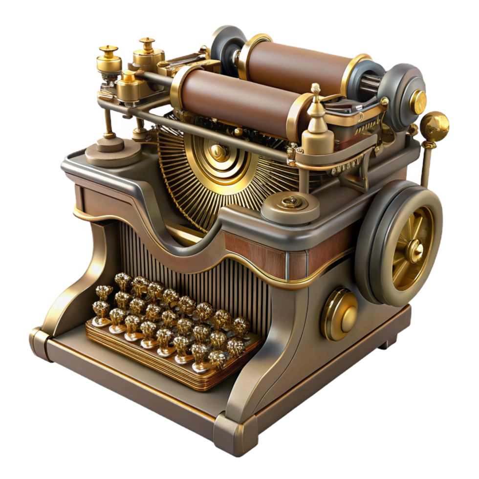 hypnotic tranquil contemporary Steampunk typewriter with ornate keys and intricate mechanisms. NO BACKGROUND with Transparent Background. premium png