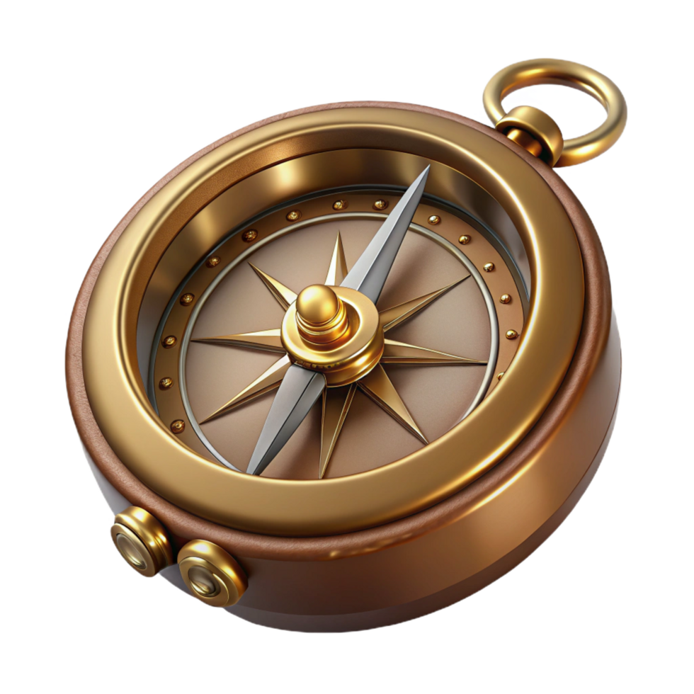 mysterious sumptuous Steampunk compass with ornate brass casing and magnetic needle. NO BACKGROUND with Transparent Background. museum quality png