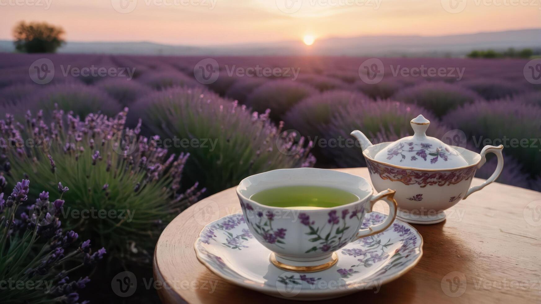 Enjoying Tea in a Lavender Field at Sunset Serene Relaxation photo