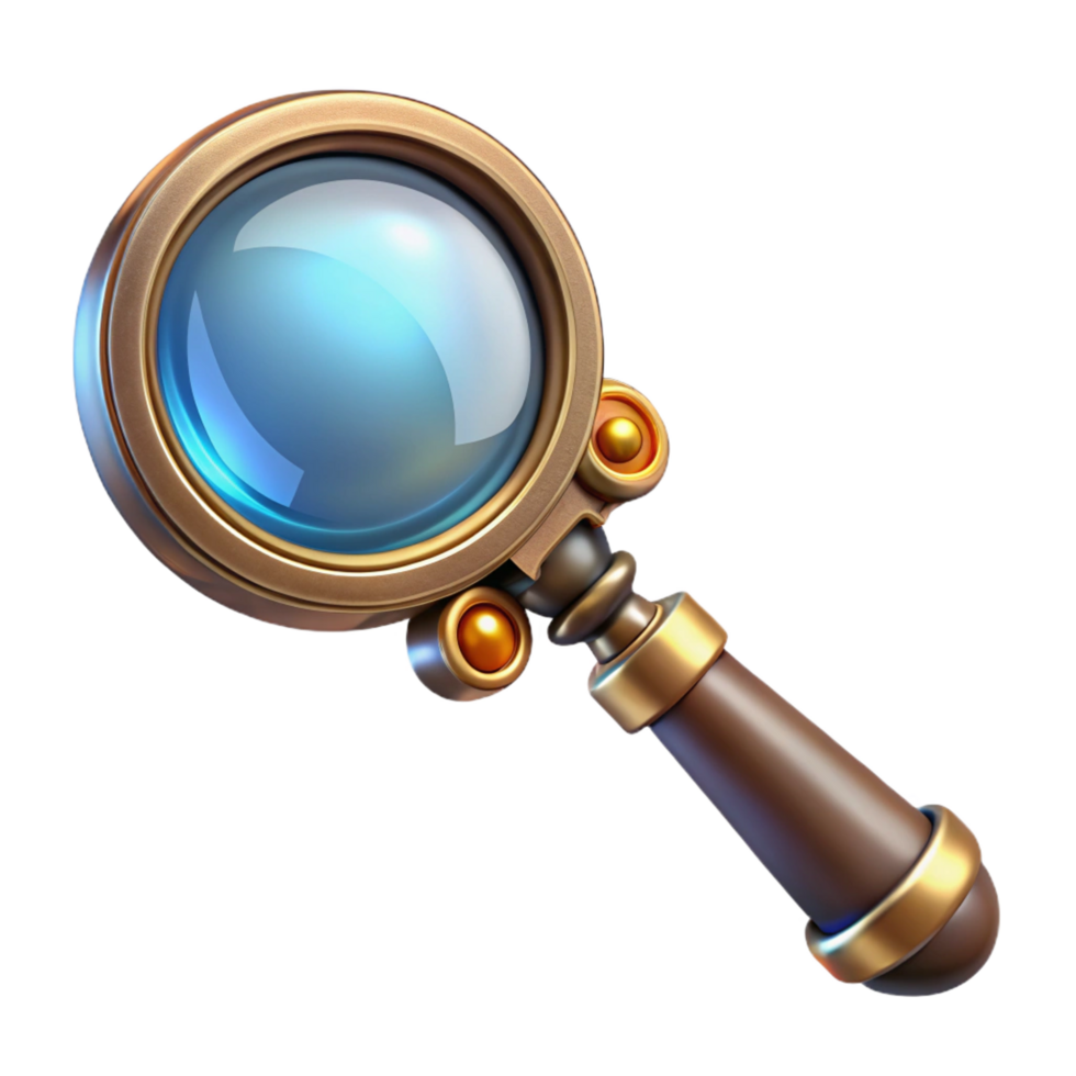 peaceful dramatic Steampunk magnifying glass with ornate handle and convex lens. NO BACKGROUND with Transparent Background. perfect clarity png
