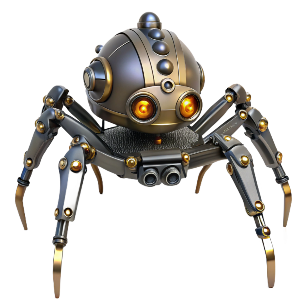 striking renaissance Steampunk robotic spider with intricate legs and glowing eyes. NO BACKGROUND with Transparent Background. 4K png