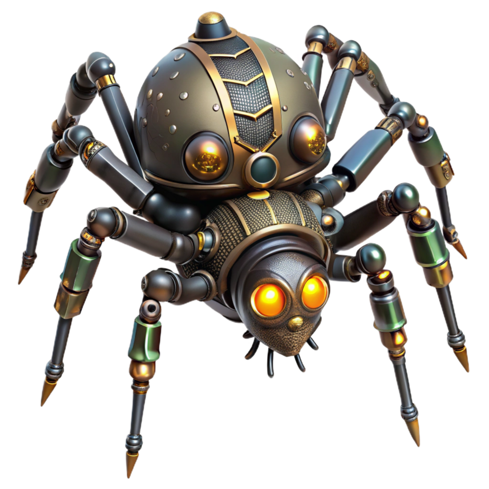 romantic magnificent Steampunk robotic spider with intricate legs and glowing eyes. NO BACKGROUND with Transparent Background. professional png