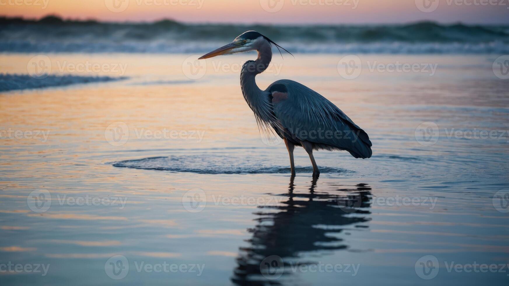 Great Blue Heron Standing in Ocean Water at Sunset Beautiful Reflection photo