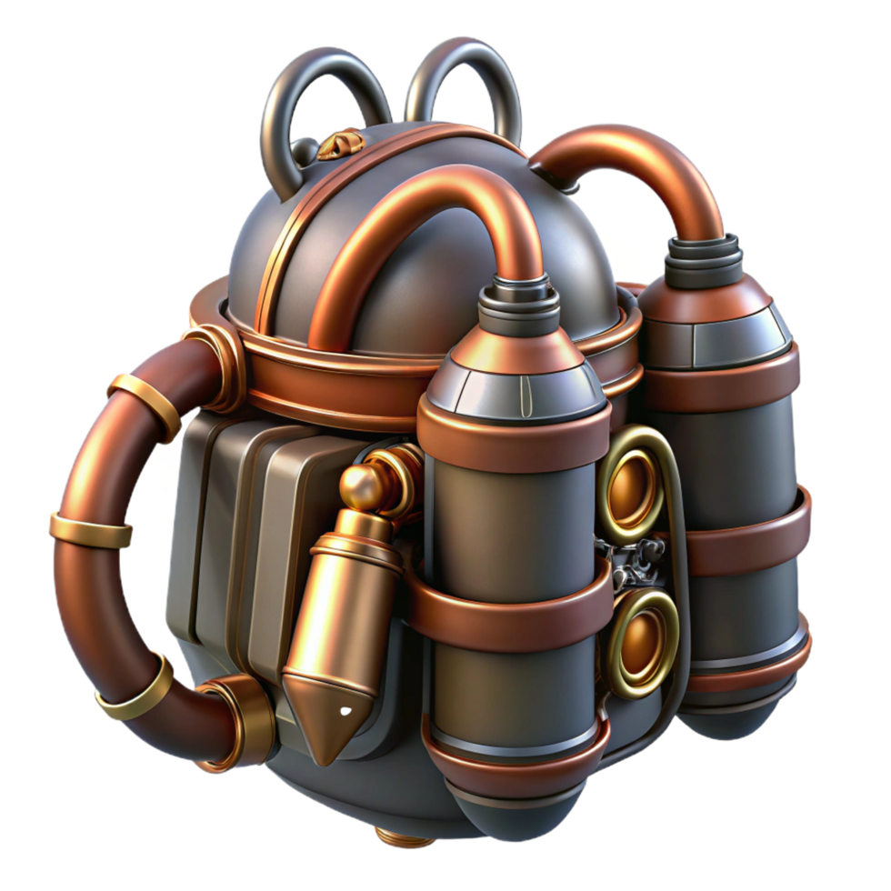 intense hypnotic Steampunk jetpack with intricate nozzles and copper piping. NO BACKGROUND with Transparent Background. sharp png
