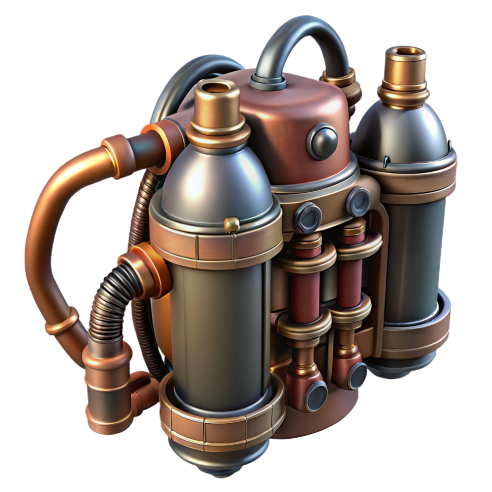 romantic mesmerizing Steampunk jetpack with intricate nozzles and copper piping. NO BACKGROUND with Transparent Background. impeccable png
