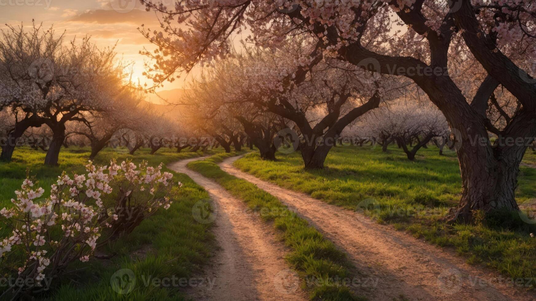 Winding Path Through Blossoming Trees at Sunset Landscape View photo