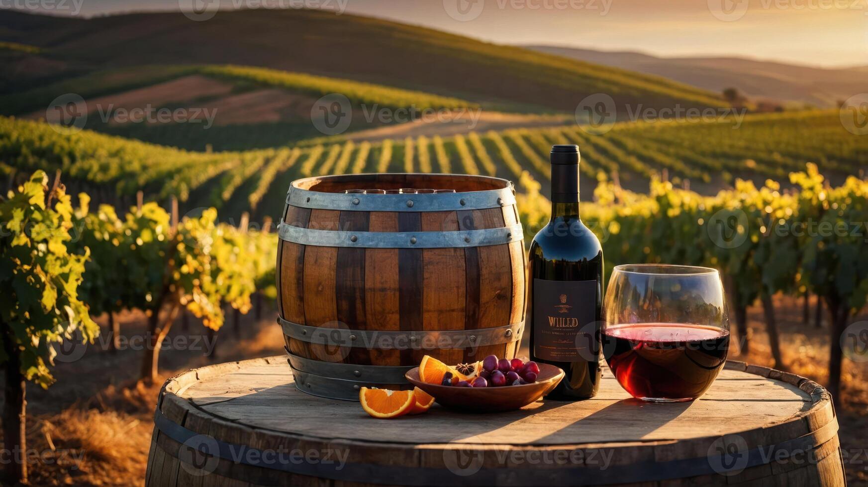 Wine Tasting at Vineyard with Barrel and Scenic Rolling Hills photo