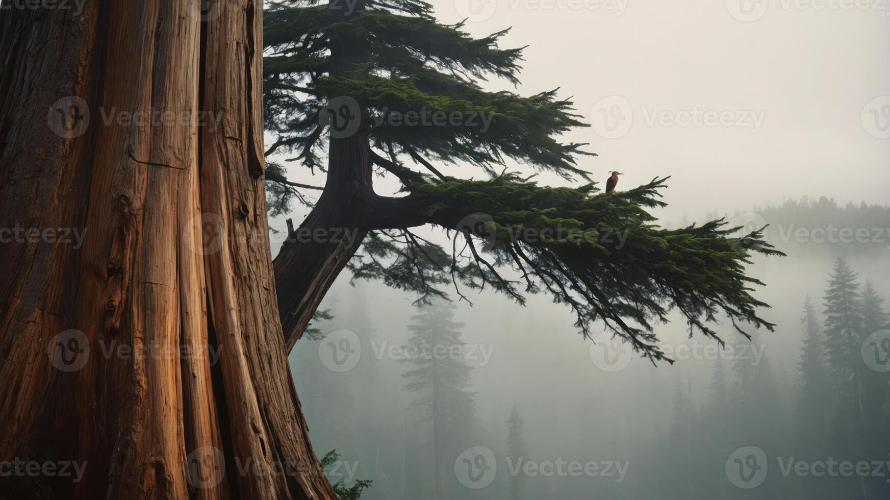Large Tree and Forest in Foggy Mountain Landscape Scenery photo