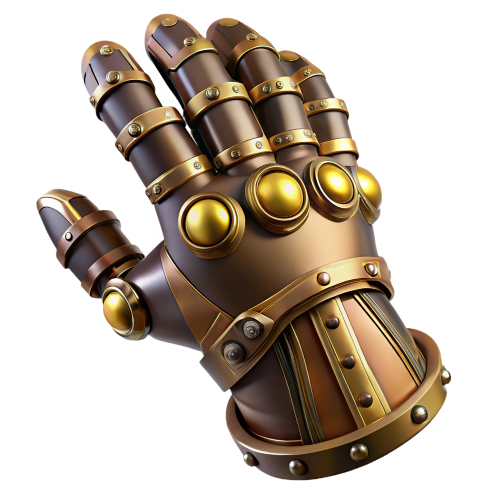 pristine bohemian Steampunk gauntlet with articulated fingers and brass plating. NO BACKGROUND with Transparent Background. detailed png